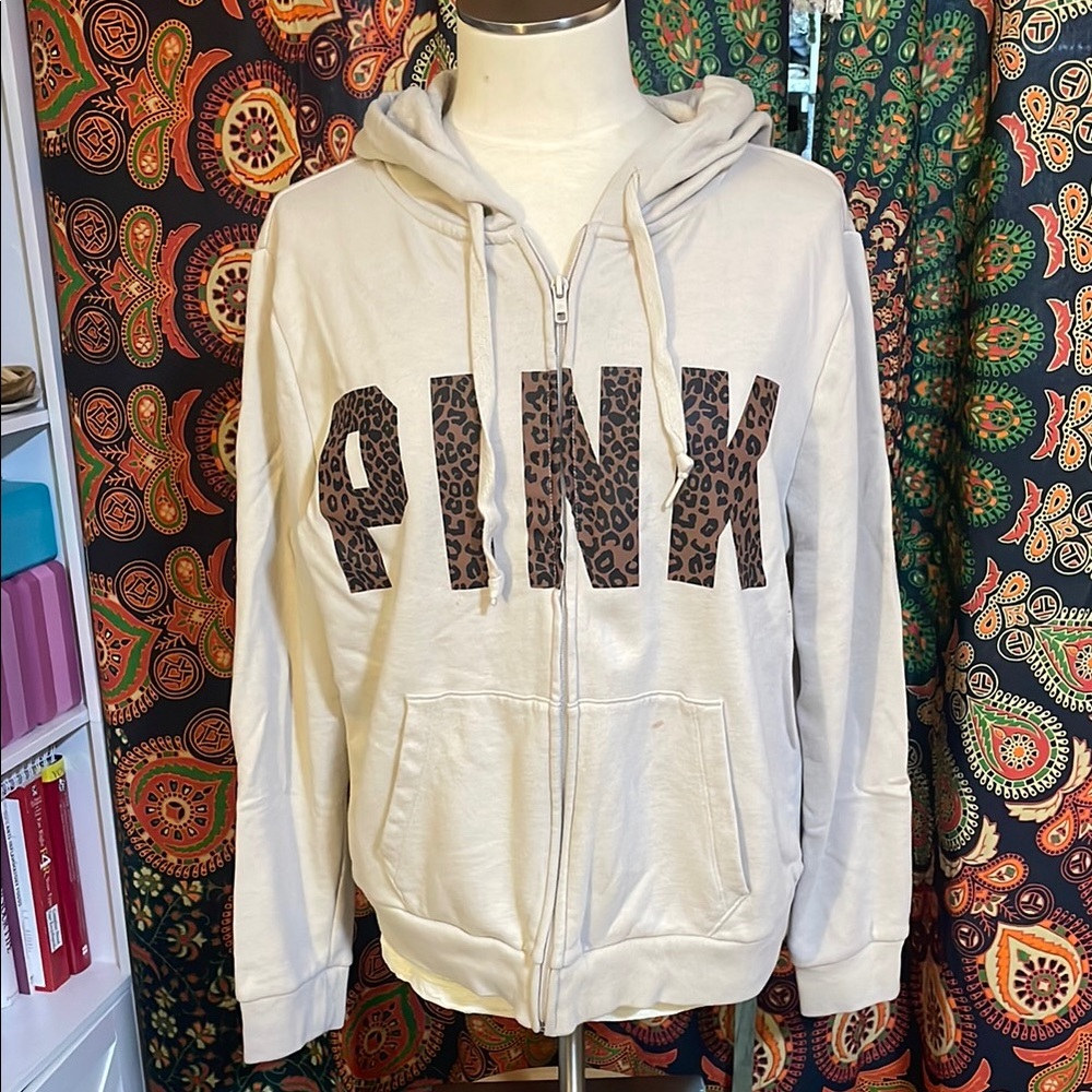 Victoria's Secret PINK Cream Hoodie and Joggers with Leopard Print